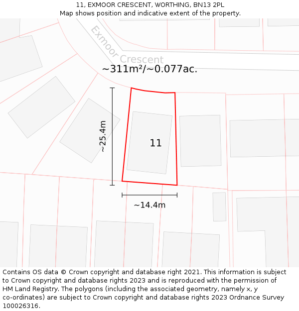 11, EXMOOR CRESCENT, WORTHING, BN13 2PL: Plot and title map