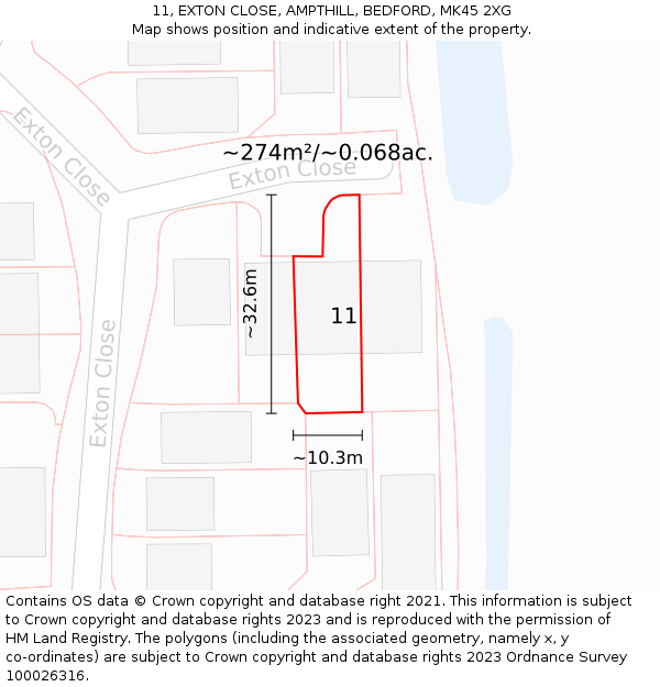 11, EXTON CLOSE, AMPTHILL, BEDFORD, MK45 2XG: Plot and title map