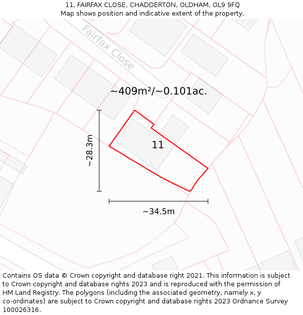 11, FAIRFAX CLOSE, CHADDERTON, OLDHAM, OL9 9FQ: Plot and title map