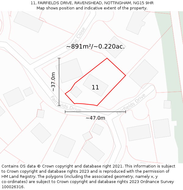 11, FAIRFIELDS DRIVE, RAVENSHEAD, NOTTINGHAM, NG15 9HR: Plot and title map