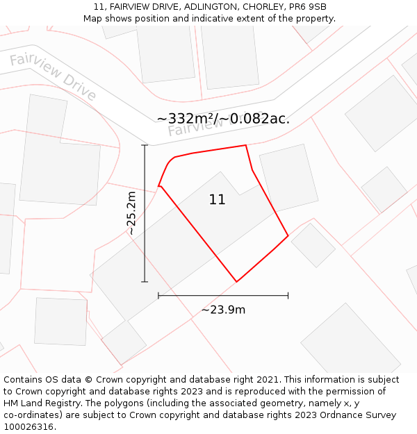 11, FAIRVIEW DRIVE, ADLINGTON, CHORLEY, PR6 9SB: Plot and title map