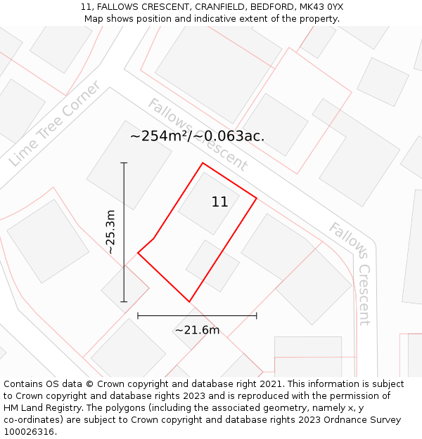 11, FALLOWS CRESCENT, CRANFIELD, BEDFORD, MK43 0YX: Plot and title map