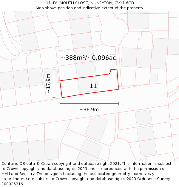 11, FALMOUTH CLOSE, NUNEATON, CV11 6GB: Plot and title map