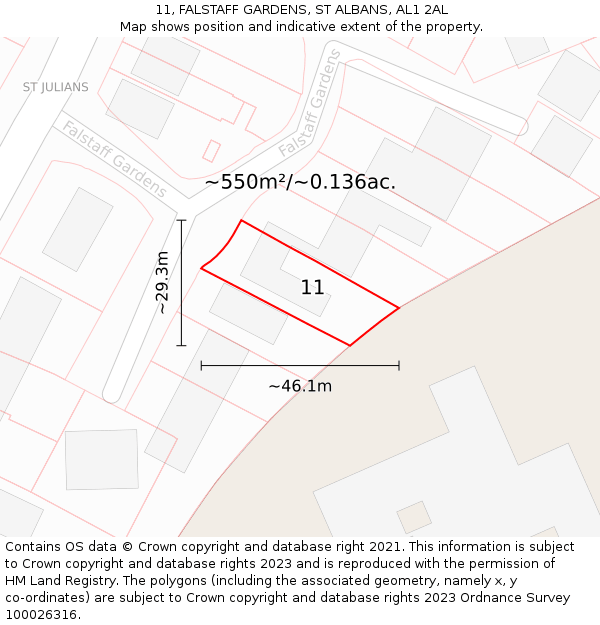 11, FALSTAFF GARDENS, ST ALBANS, AL1 2AL: Plot and title map