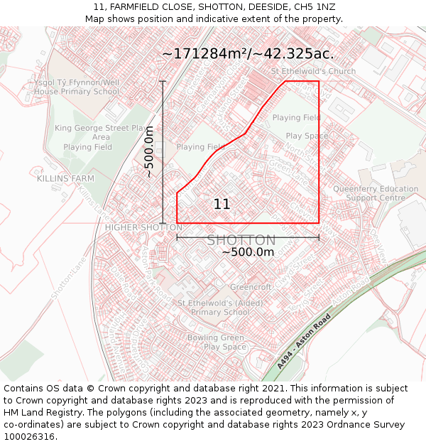 11, FARMFIELD CLOSE, SHOTTON, DEESIDE, CH5 1NZ: Plot and title map