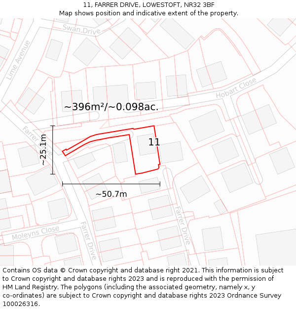 11, FARRER DRIVE, LOWESTOFT, NR32 3BF: Plot and title map