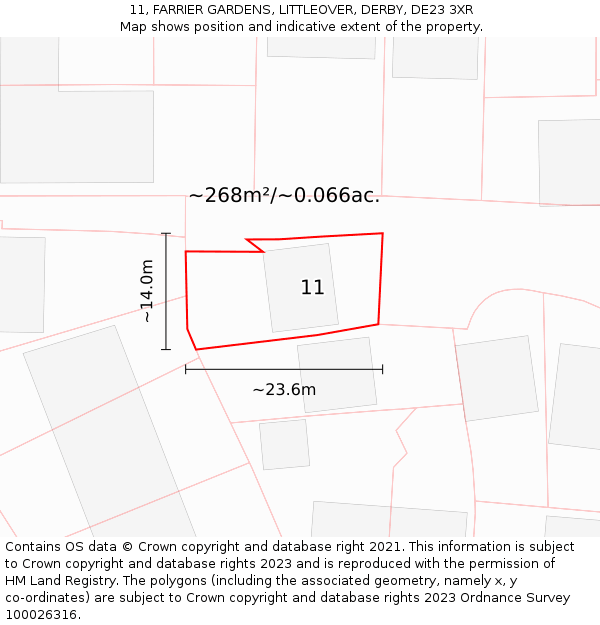 11, FARRIER GARDENS, LITTLEOVER, DERBY, DE23 3XR: Plot and title map