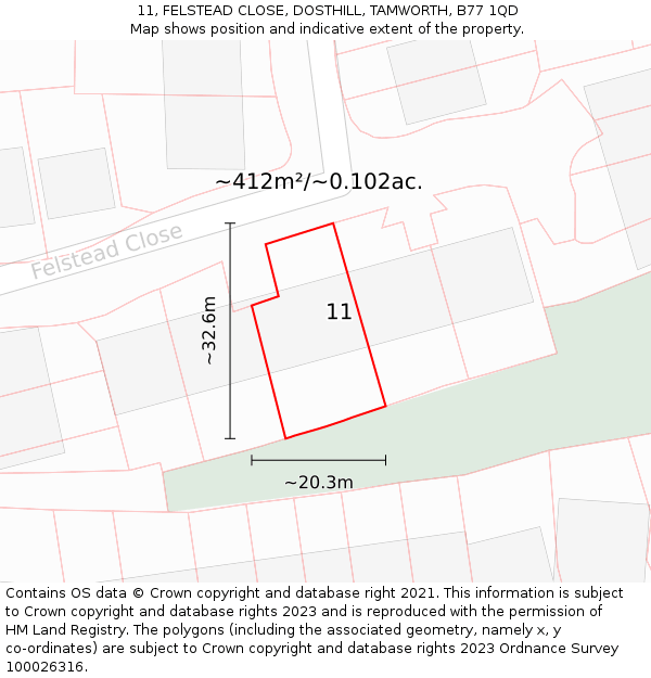 11, FELSTEAD CLOSE, DOSTHILL, TAMWORTH, B77 1QD: Plot and title map