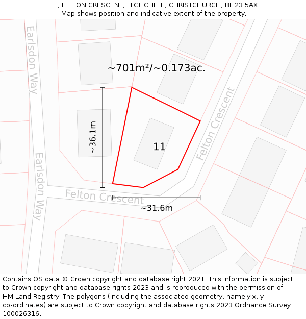11, FELTON CRESCENT, HIGHCLIFFE, CHRISTCHURCH, BH23 5AX: Plot and title map