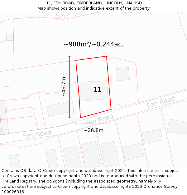 11, FEN ROAD, TIMBERLAND, LINCOLN, LN4 3SD: Plot and title map