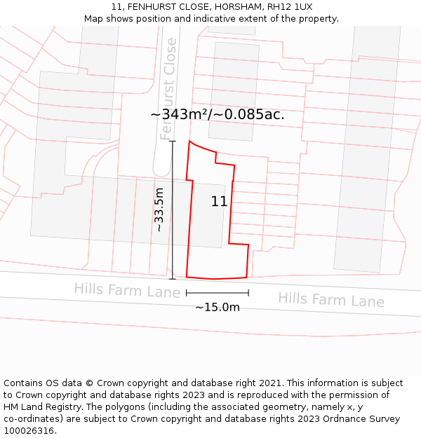 11, FENHURST CLOSE, HORSHAM, RH12 1UX: Plot and title map