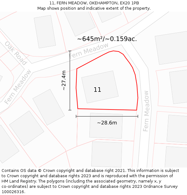 11, FERN MEADOW, OKEHAMPTON, EX20 1PB: Plot and title map