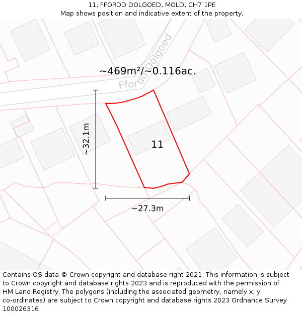 11, FFORDD DOLGOED, MOLD, CH7 1PE: Plot and title map