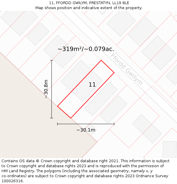 11, FFORDD GWILYM, PRESTATYN, LL19 8LE: Plot and title map