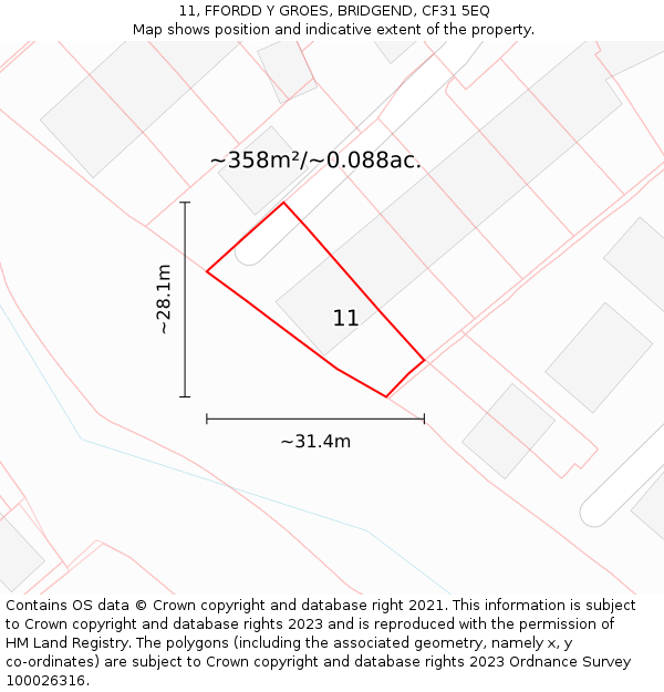 11, FFORDD Y GROES, BRIDGEND, CF31 5EQ: Plot and title map