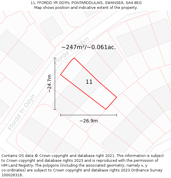 11, FFORDD YR ODYN, PONTARDDULAIS, SWANSEA, SA4 8EG: Plot and title map