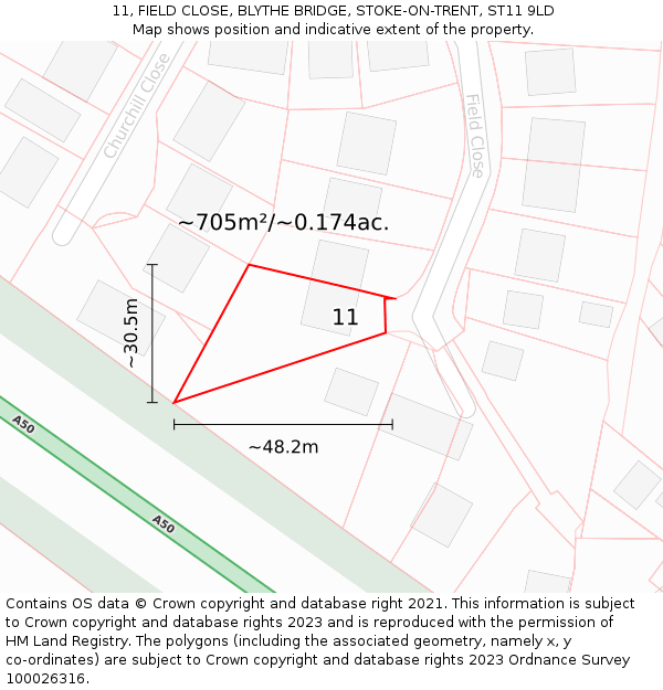 11, FIELD CLOSE, BLYTHE BRIDGE, STOKE-ON-TRENT, ST11 9LD: Plot and title map