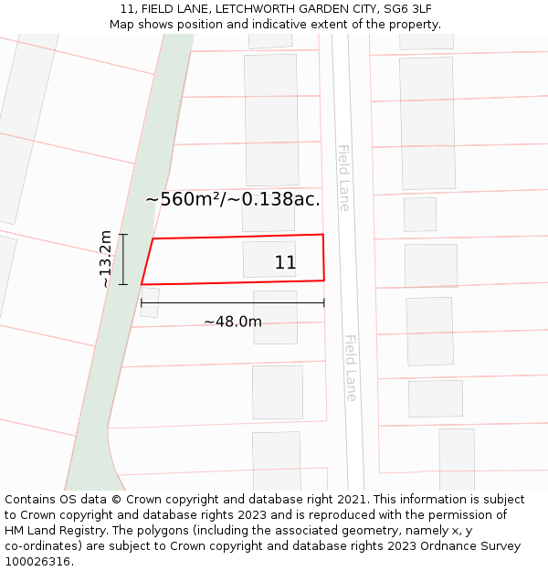 11, FIELD LANE, LETCHWORTH GARDEN CITY, SG6 3LF: Plot and title map