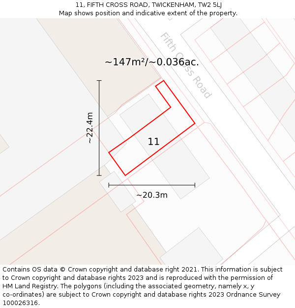 11, FIFTH CROSS ROAD, TWICKENHAM, TW2 5LJ: Plot and title map