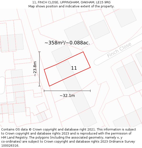11, FINCH CLOSE, UPPINGHAM, OAKHAM, LE15 9RG: Plot and title map