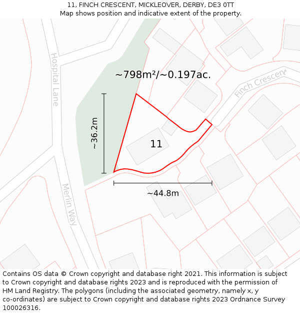 11, FINCH CRESCENT, MICKLEOVER, DERBY, DE3 0TT: Plot and title map