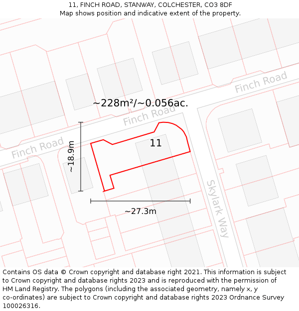 11, FINCH ROAD, STANWAY, COLCHESTER, CO3 8DF: Plot and title map