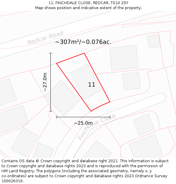 11, FINCHDALE CLOSE, REDCAR, TS10 2SY: Plot and title map