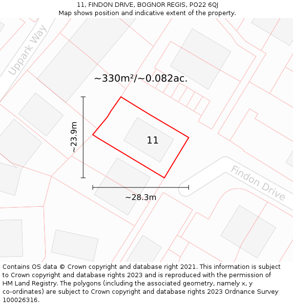 11, FINDON DRIVE, BOGNOR REGIS, PO22 6QJ: Plot and title map