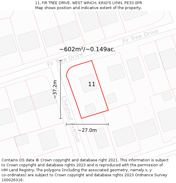 11, FIR TREE DRIVE, WEST WINCH, KING'S LYNN, PE33 0PR: Plot and title map