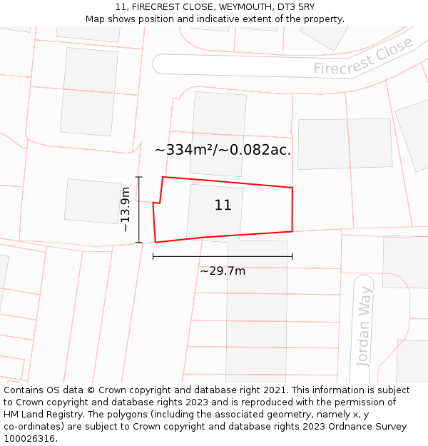 11, FIRECREST CLOSE, WEYMOUTH, DT3 5RY: Plot and title map