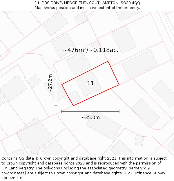 11, FIRS DRIVE, HEDGE END, SOUTHAMPTON, SO30 4QQ: Plot and title map