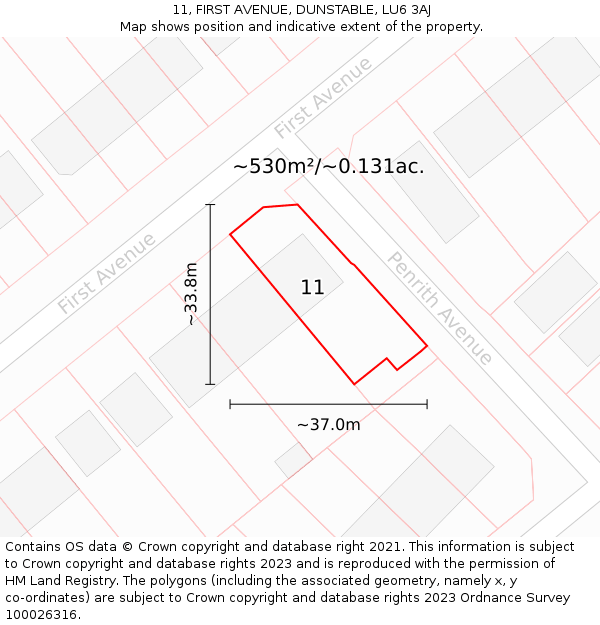 11, FIRST AVENUE, DUNSTABLE, LU6 3AJ: Plot and title map