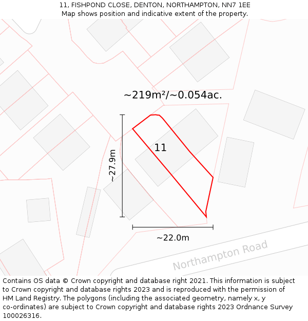 11, FISHPOND CLOSE, DENTON, NORTHAMPTON, NN7 1EE: Plot and title map