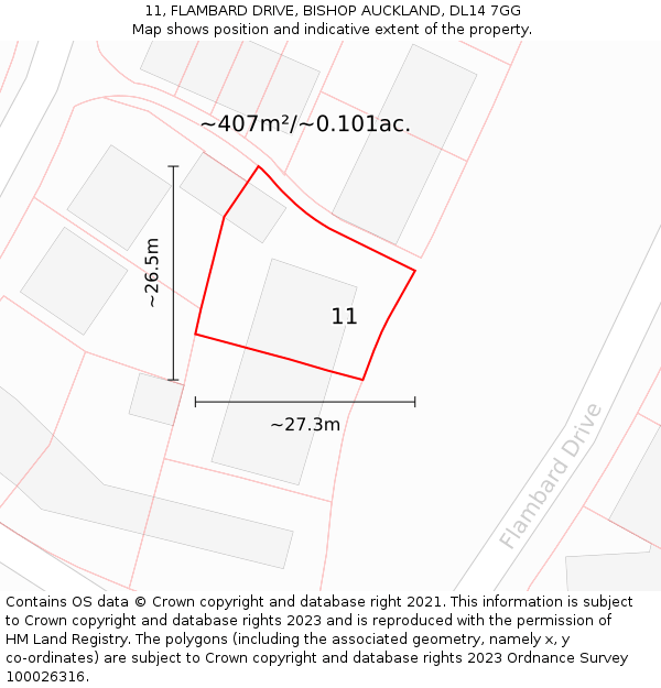 11, FLAMBARD DRIVE, BISHOP AUCKLAND, DL14 7GG: Plot and title map