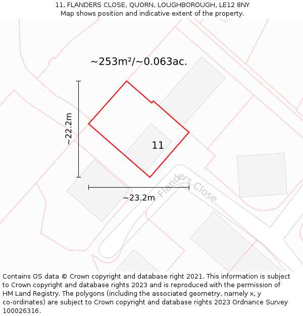11, FLANDERS CLOSE, QUORN, LOUGHBOROUGH, LE12 8NY: Plot and title map