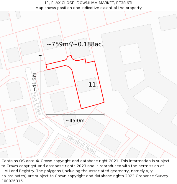 11, FLAX CLOSE, DOWNHAM MARKET, PE38 9TL: Plot and title map