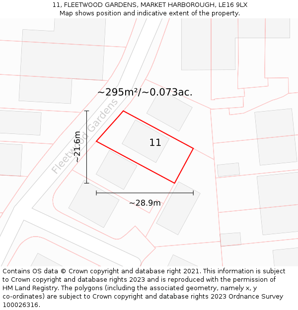 11, FLEETWOOD GARDENS, MARKET HARBOROUGH, LE16 9LX: Plot and title map