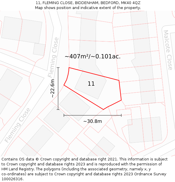 11, FLEMING CLOSE, BIDDENHAM, BEDFORD, MK40 4QZ: Plot and title map