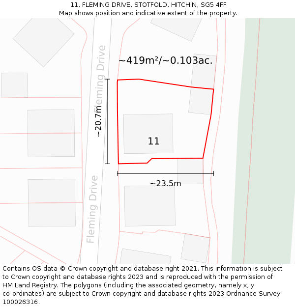11, FLEMING DRIVE, STOTFOLD, HITCHIN, SG5 4FF: Plot and title map