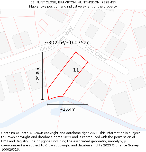 11, FLINT CLOSE, BRAMPTON, HUNTINGDON, PE28 4SY: Plot and title map