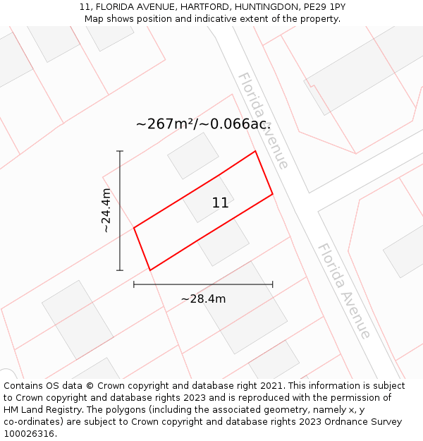 11, FLORIDA AVENUE, HARTFORD, HUNTINGDON, PE29 1PY: Plot and title map