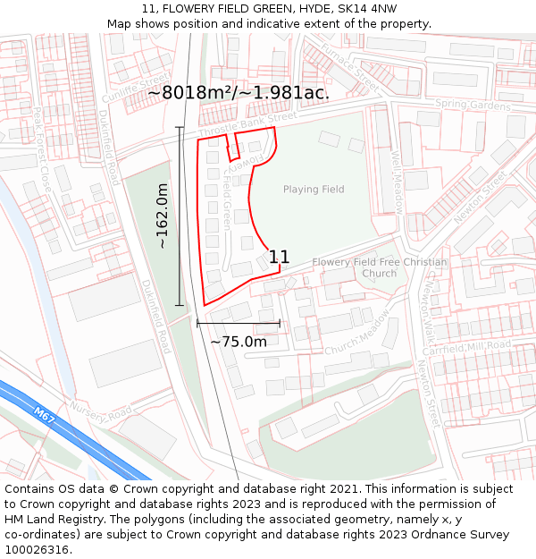11, FLOWERY FIELD GREEN, HYDE, SK14 4NW: Plot and title map
