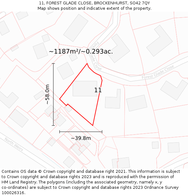 11, FOREST GLADE CLOSE, BROCKENHURST, SO42 7QY: Plot and title map