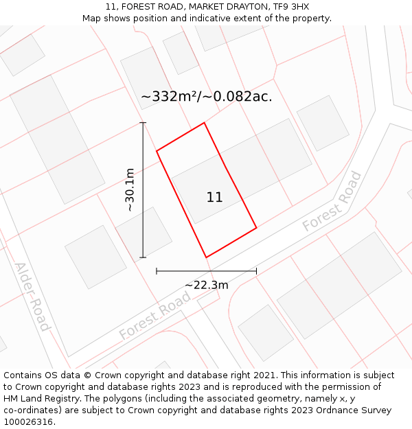 11, FOREST ROAD, MARKET DRAYTON, TF9 3HX: Plot and title map