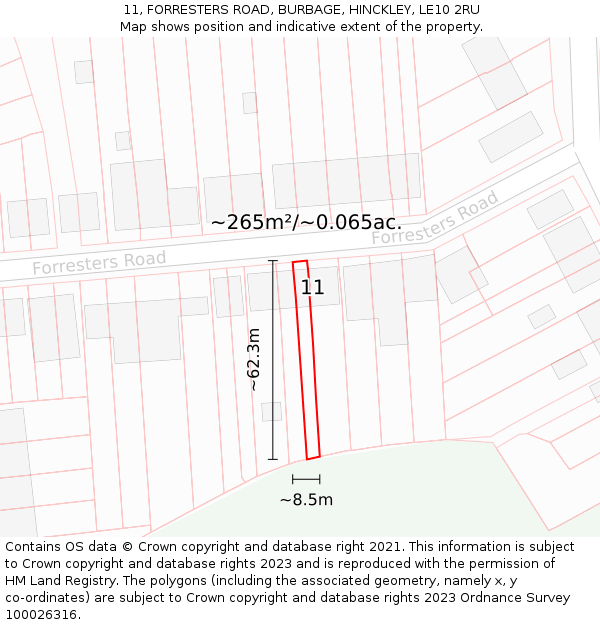 11, FORRESTERS ROAD, BURBAGE, HINCKLEY, LE10 2RU: Plot and title map