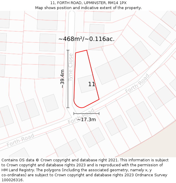 11, FORTH ROAD, UPMINSTER, RM14 1PX: Plot and title map