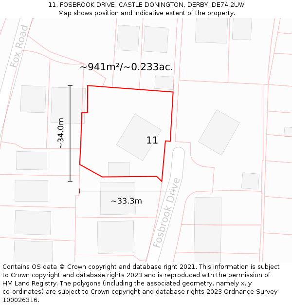 11, FOSBROOK DRIVE, CASTLE DONINGTON, DERBY, DE74 2UW: Plot and title map