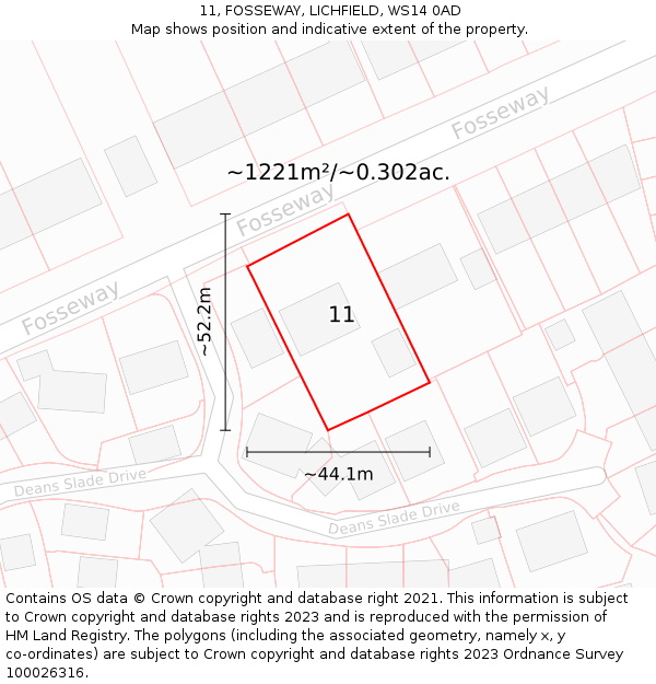 11, FOSSEWAY, LICHFIELD, WS14 0AD: Plot and title map