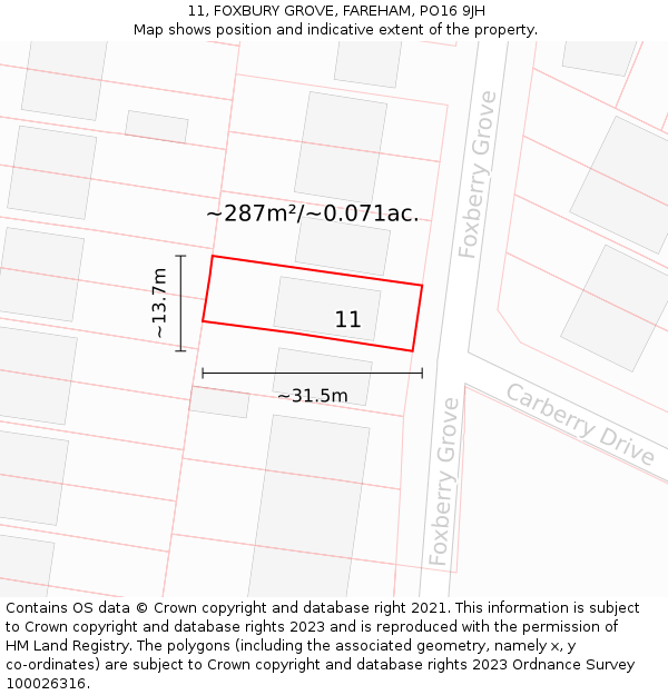 11, FOXBURY GROVE, FAREHAM, PO16 9JH: Plot and title map