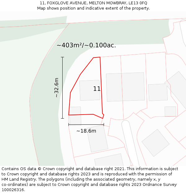 11, FOXGLOVE AVENUE, MELTON MOWBRAY, LE13 0FQ: Plot and title map